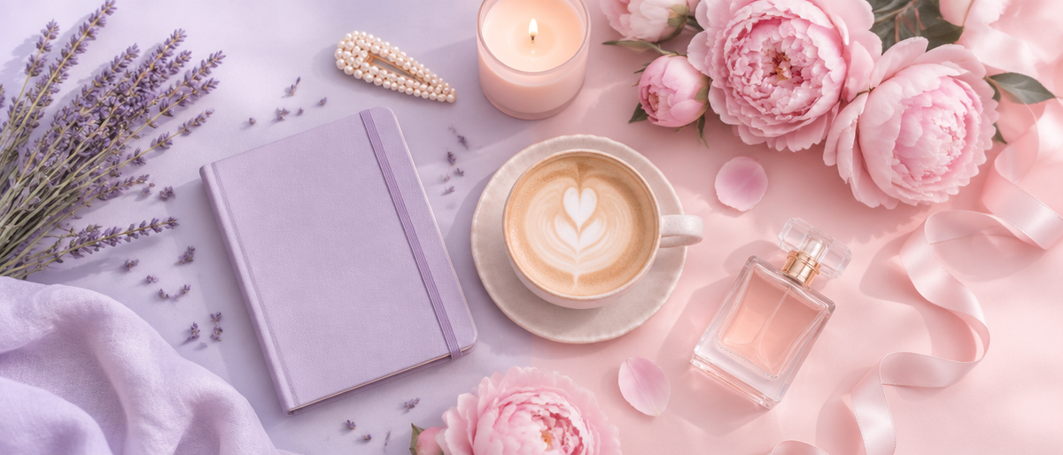 Lavender notebook, latte and blush peonies