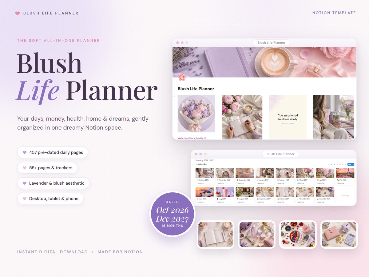 Blush Life Planner - aesthetic lavender and blush Notion life planner 2026-2027