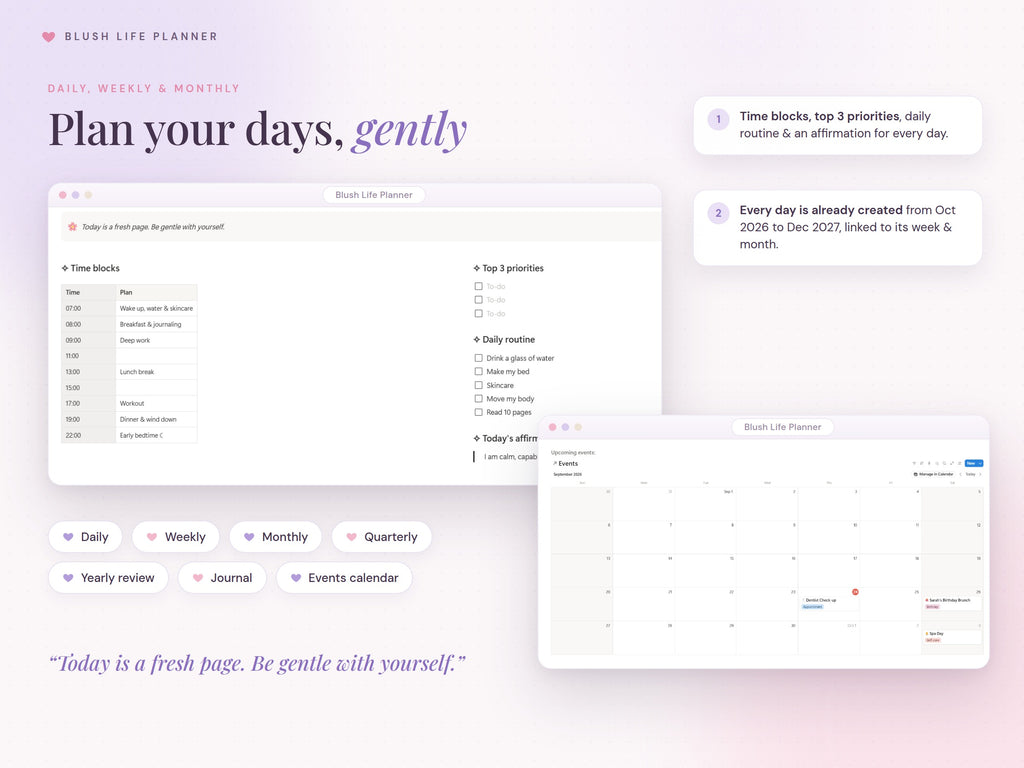 Dated daily, weekly and monthly Notion planner pages
