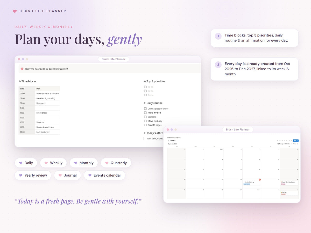 Dated daily, weekly and monthly Notion planner pages