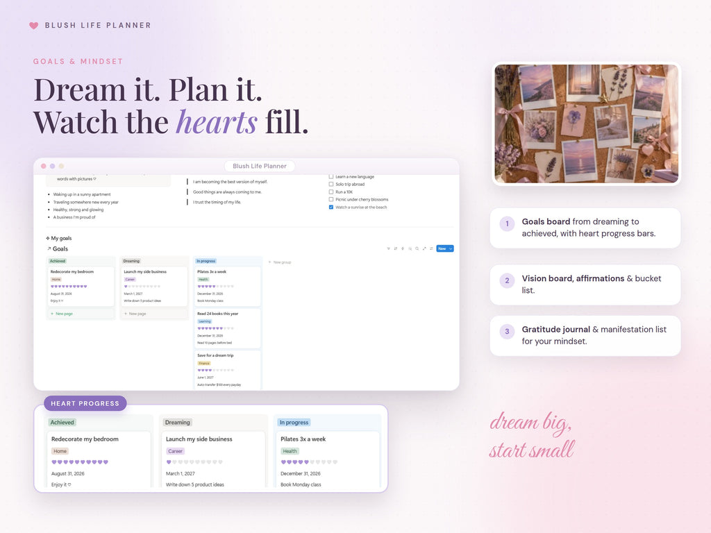 Goals, vision board and affirmations in Notion