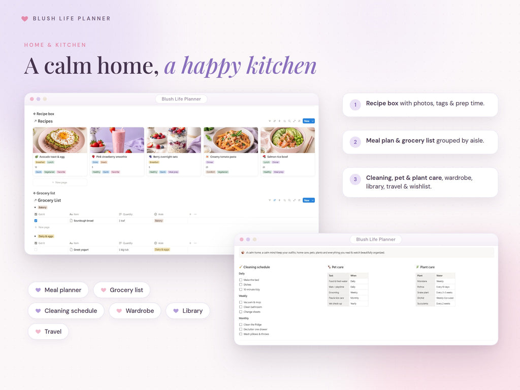 Home, meal plan and recipe pages in Notion