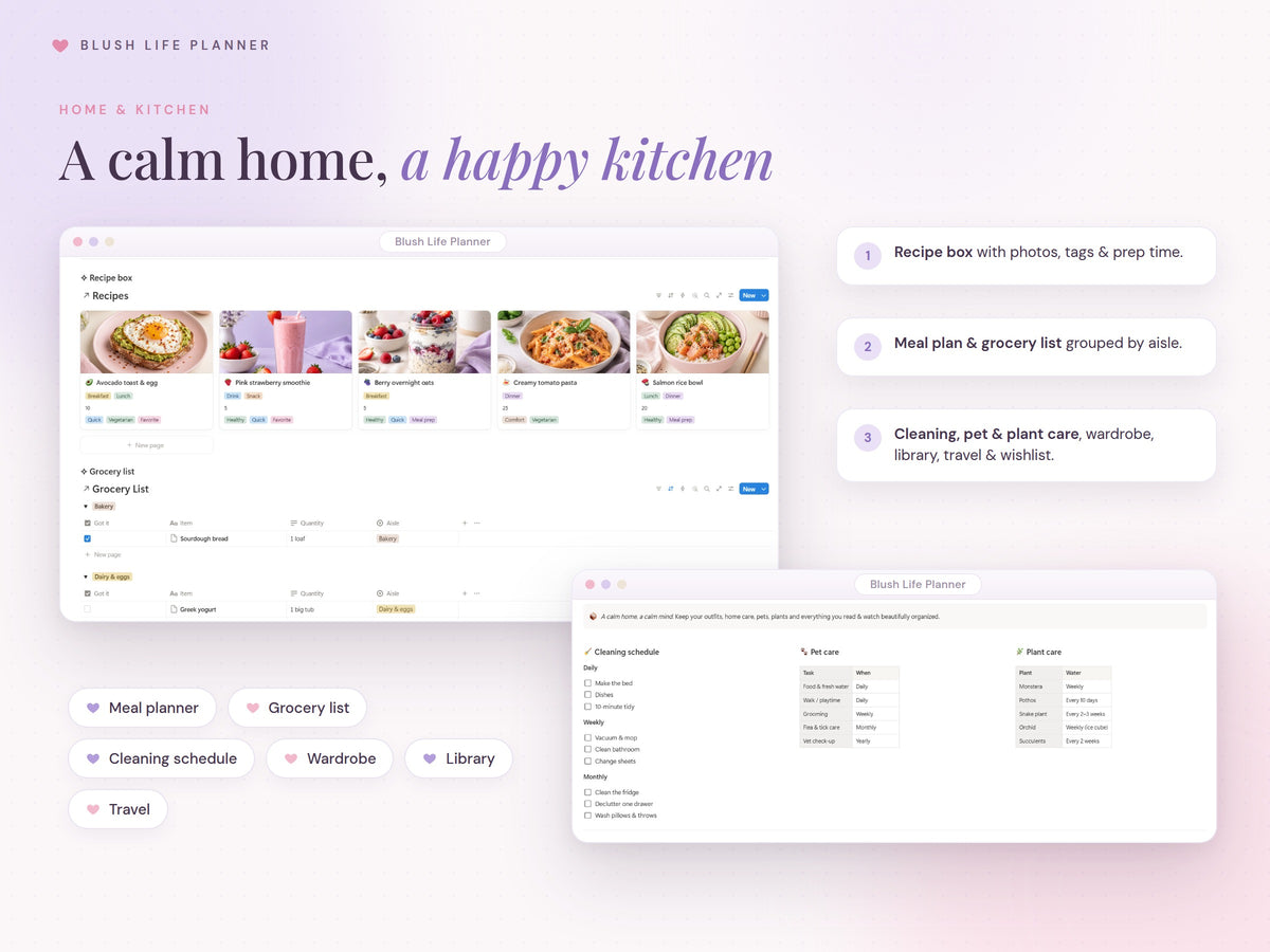Home, meal plan and recipe pages in Notion