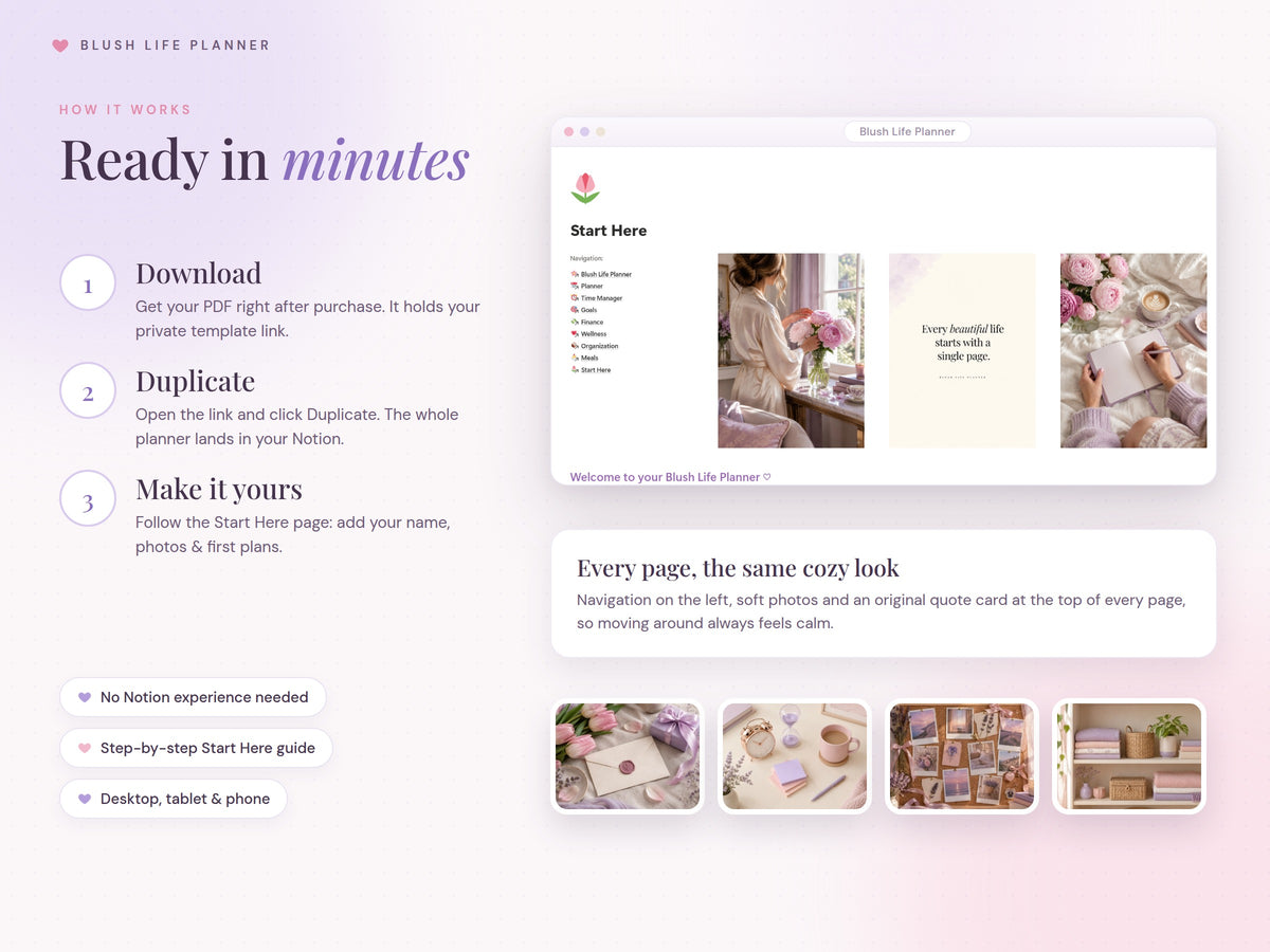 How the Blush Life Planner Notion template works